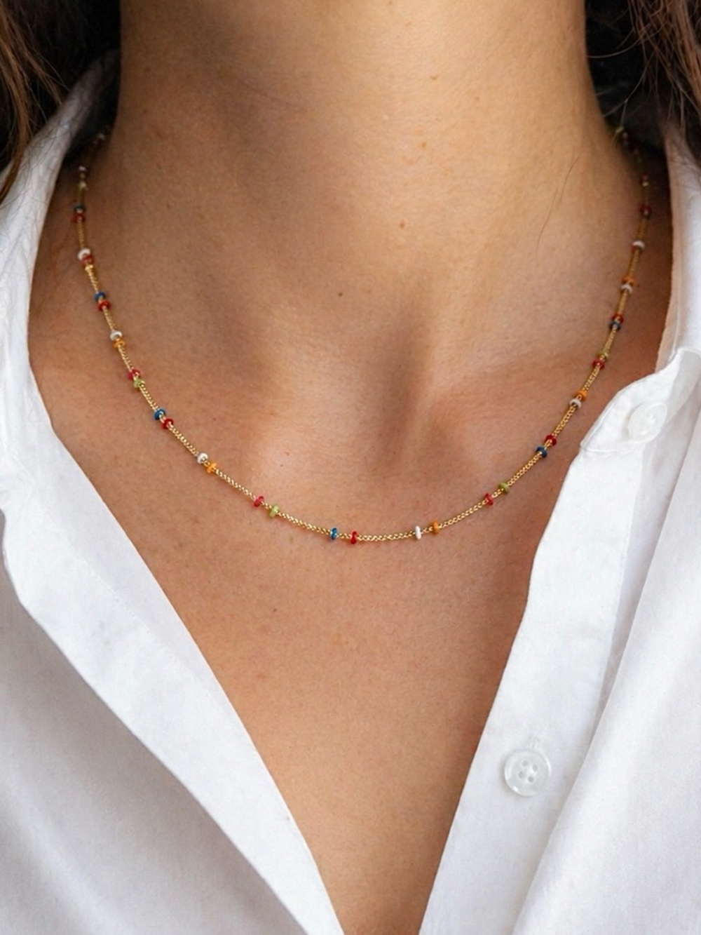 14K Gold Plated Multicolor Beaded Chain Necklace | Dainty Minimalist Jewelry